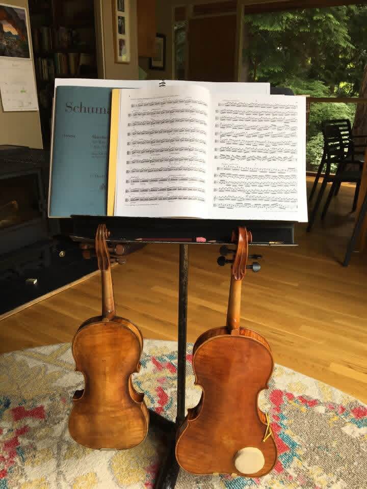 Two violas resting against a music stand with Schumann on the desk